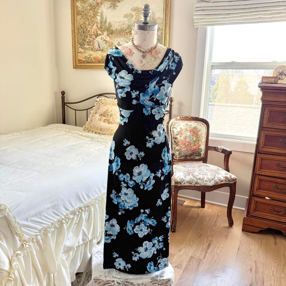 90s black blue floral maxi dress Connected size 10